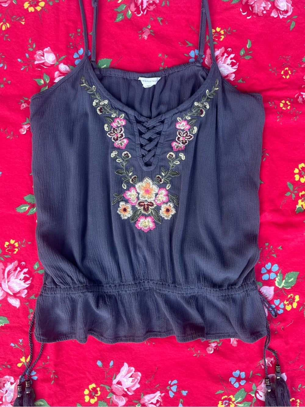 Aeropostale Navy Embroidered Lace-Up Floral Cami